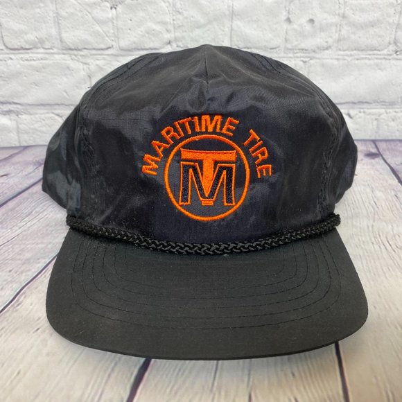 Vintage Trucker Hat Rope Cap Nylon Snapback Black Maritime Tire Embroidered Logo - Picture 5 of 10
